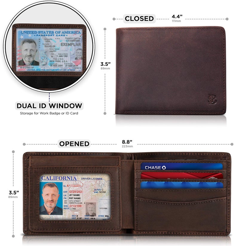SERMAN BRANDS 2 ID Window Wallet for Men RFID Blocking Leather, Bifold Top Flip, Extra Capacity Travel Wallet (Texas Brown Executive) - Image 3
